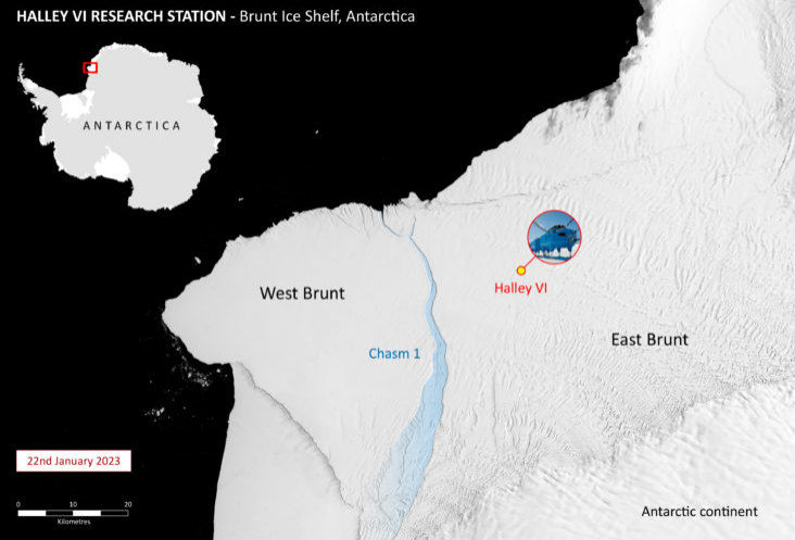Localizao da Estao Halley VI, na Plataforma de Gelo Brunt, no continente antrtico ao leste da rachadura Chasm-1. 