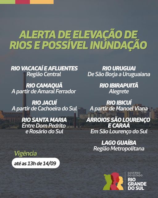 Alertas de inundao no RS para esta quinta-feira, dia 14. Crdito: Divulgao Defesa Civil Estadual. 
