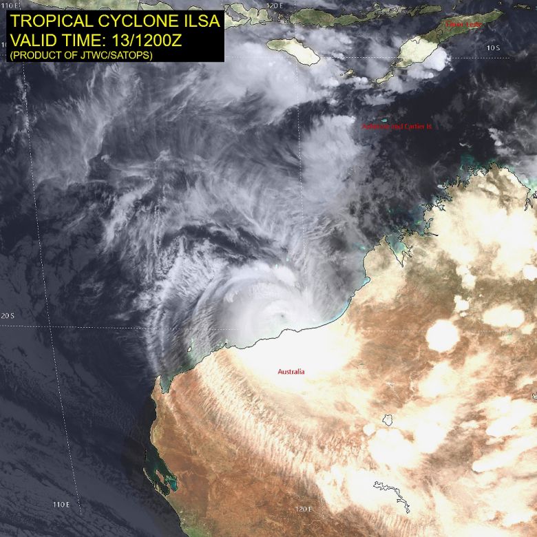 Imagem de satlite mostra o ciclone Ilsa chegando  Austrlia Ocidental. A meteorologia alerta para a tormenta mais forte em pelo menos uma dcada. Crdito: JTWC 