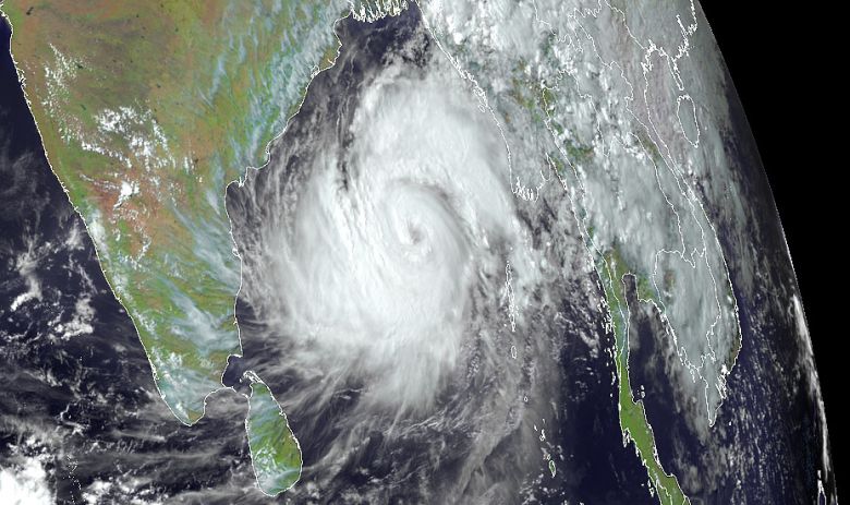 Imagem de satlite mostra o grande ciclone tropical Mocha sobre a Baa de Bengala, no ndico dia 12 de maio. Crdito: RAMMB/CIRA