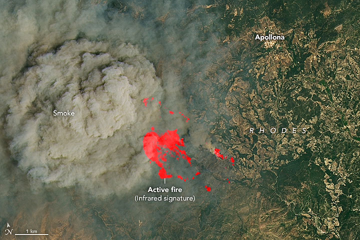 rea de incndios ativos na ilha grega de Rodes em 19 de julho de 2023. Crdito: Landsat 8, NASA.