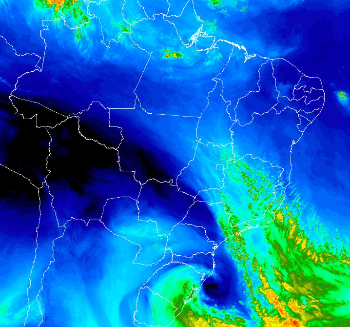 Imagem de satlite mostra a formao do ciclone extratropical na altura do Rio Grande do Sul e de Santa Catarina, acompanhando uma frente fria dia 16. Crdito: INMET