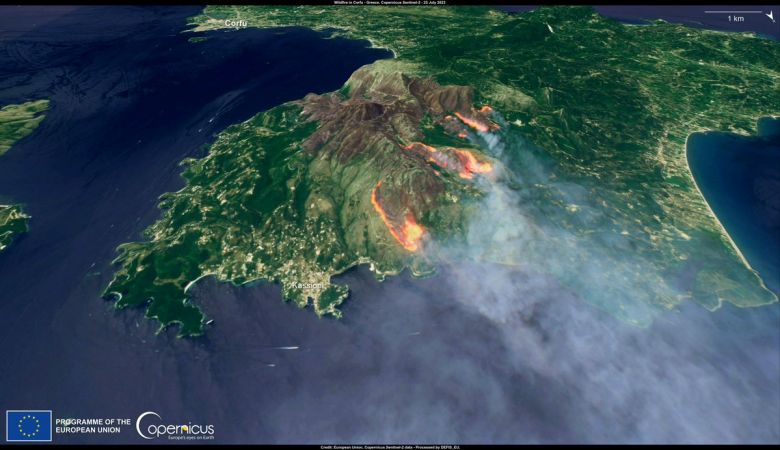 Focos de incndios so capturados da ilha de Corfu, na Grcia, pelo programa Copernicus. Crdito: ESA