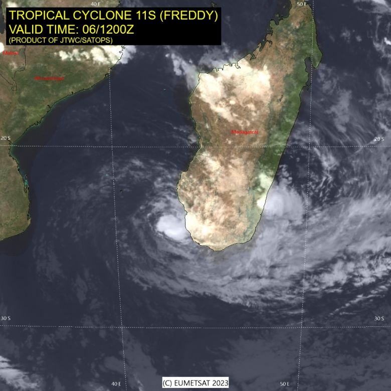 Imagem de satlite mostra o ciclone tropical Freddy prximo ao sudoeste de Madagascar no dia 6 de maro. Crdito: JTWC