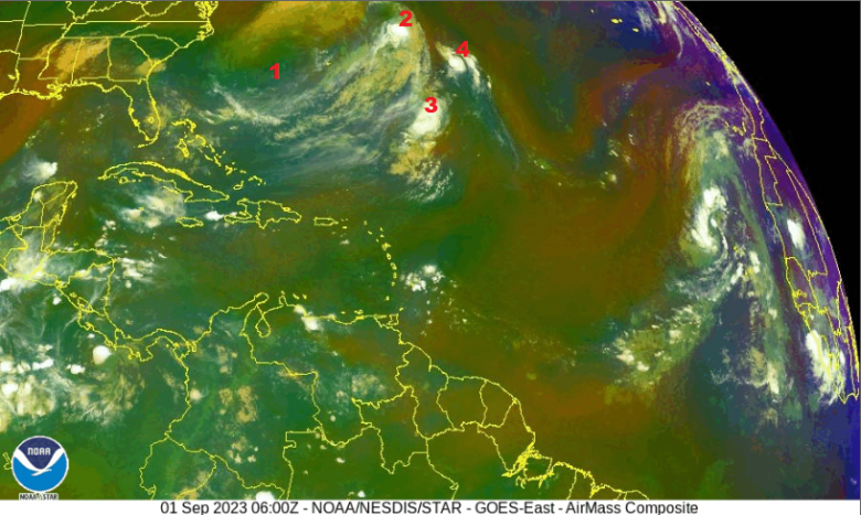  possvel identificar na imagem de satlite na sequncia, os resqucios de Idalia (1), o furaco Franklin (2), a depresso tropical Gert (3) e a tempestade tropical Jose (4), do dia primeiro de setembro de 2023. Crdito: Goes-East/NOAA