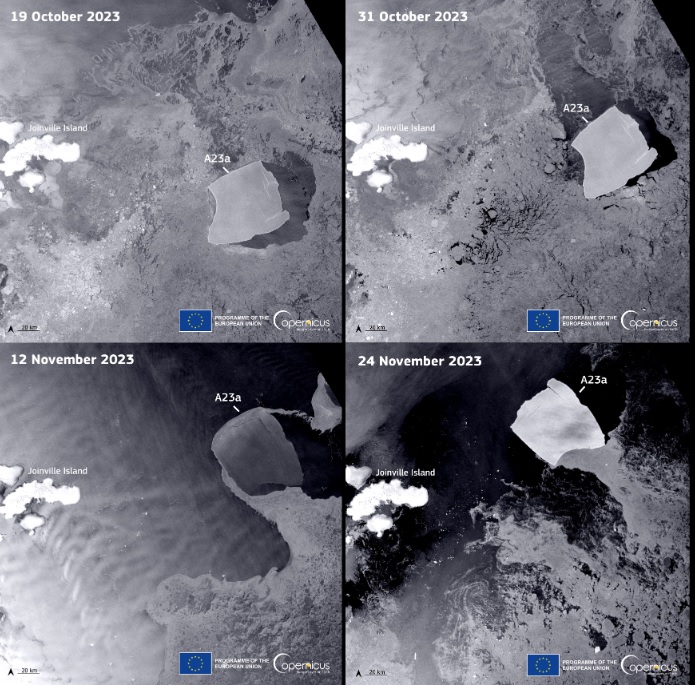 Imagens de satlite mostram a movimentao do atual maior iceberg do mundo A23a nas guas do Mar de Weddell, ao norte da Pennsula Antrtica. Crdito: Programa Copernicus/ESA