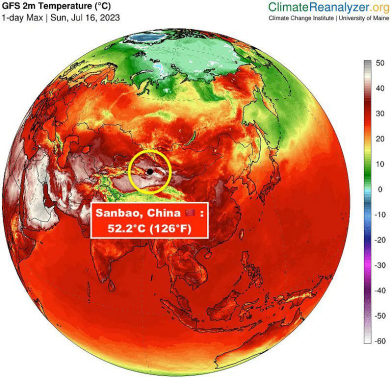 A temperatura chegou a 52,5C na China em 16 de julho de 2023. Crdito: Divulgao Climate Change Institute/University of Maine 