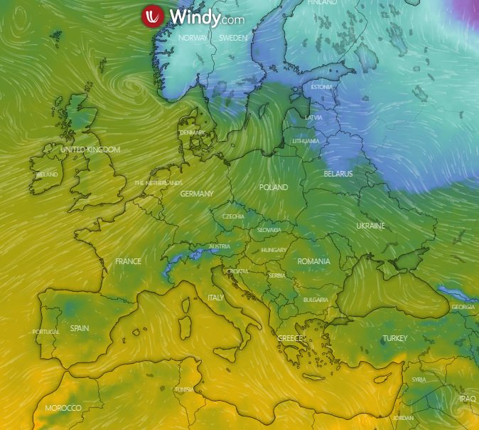 Mapa mostra em tons amarelos e esverdeados as reas que esto com temperaturas amenas na Europa em 4 de janeiro. Crdito: WINDY