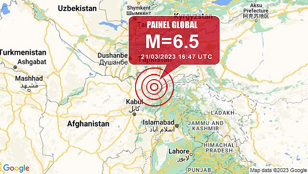 Mapa mostra a localizao do forte terremoto de magnitude 6.5, que atingiu o Afeganisto no dia 21. Crdito: GoogleMaps/Painel Global 
