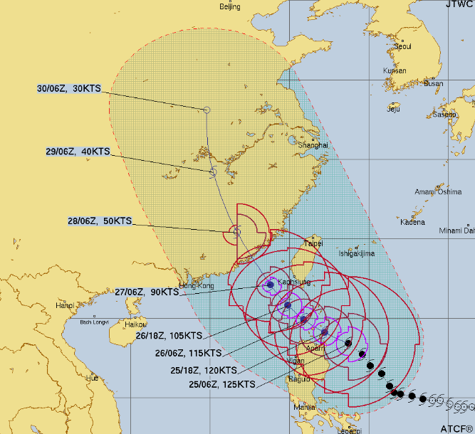 Trajeto do super tufo Doksuri previsto para os prximos dias. Crdito: JTWC 