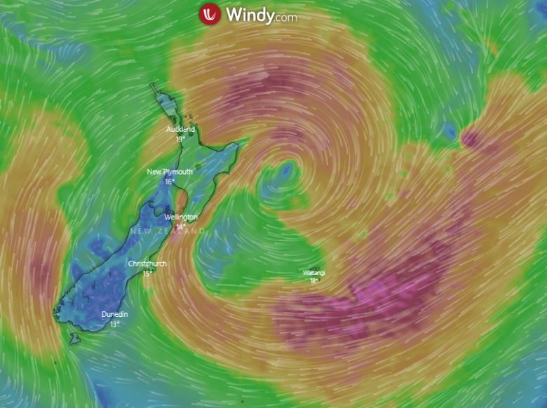 Mapa mostra no detalhe a circulao dos ventos do ciclone Gabrielle sobre a Nova Zelndia nesta tera-feira. Crdito: WINDY
