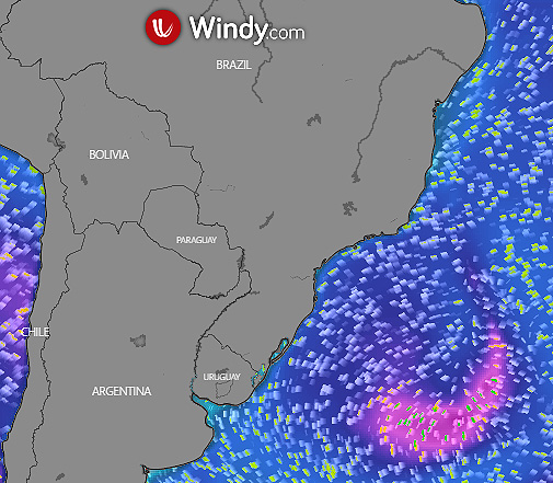 Mapa mostra ondas mais altas sobre o oceano Atlntico ao largo da costa das Regies Sul e Sudeste do Brasil dia 9 de janeiro. Crdito: Modelo ECMWF/Windy