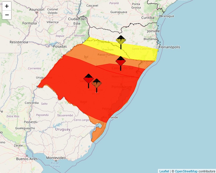 Mapa mostra reas em vermelho e em laranja, indicando os alertas de tempestade e grandes acumulados de chuva no Rio Grande do Sul. Crdito: INMET 