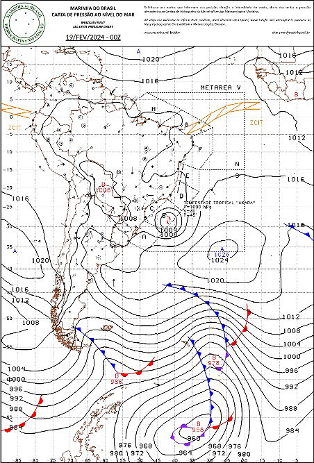 Carta sintica indica o valor de presso e a posio da tempestade tropical Akar no incio de 19 de fevereiro de 2024. Crdito: Marinha do Brasil 