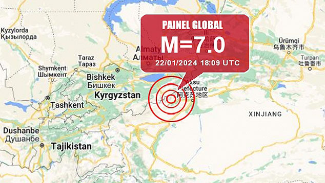 Mapa indica localizao de terremoto de 7.0 magnitudes ocorrido na China no dia 22 de janeiro. Crdito: Painel Global/GoogleMaps