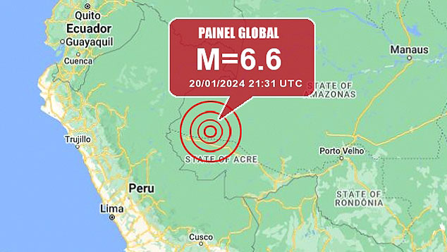 Mapa indica epicentro do intenso tremor registrado no Acre no dia 20. Crdito: Painel Global 