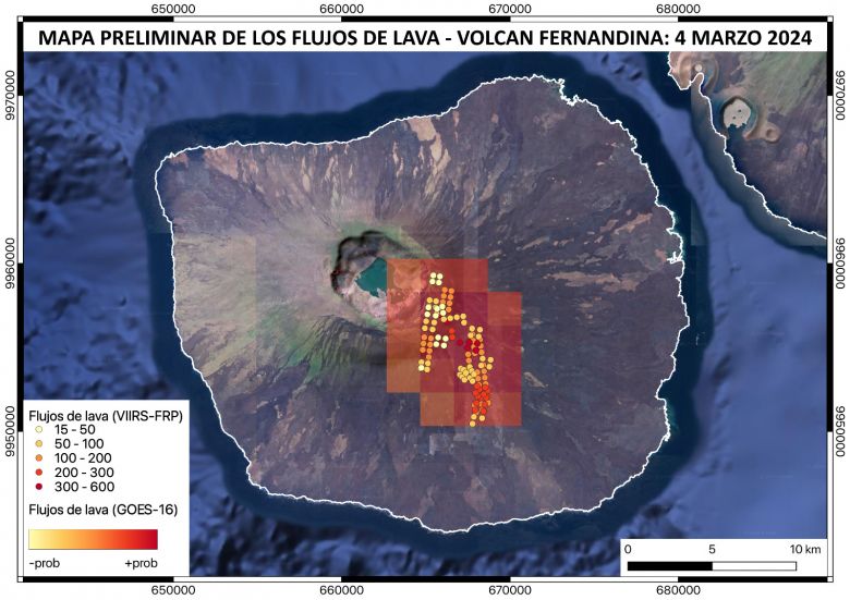 Mapa preliminar da zona de inundao pelos  fluxos de lava do vulco La Cumbre. O mapa foi criado com imagens de satlite do GOES-16. Crdito: Instituto Geofsico do Equador/NOAA 