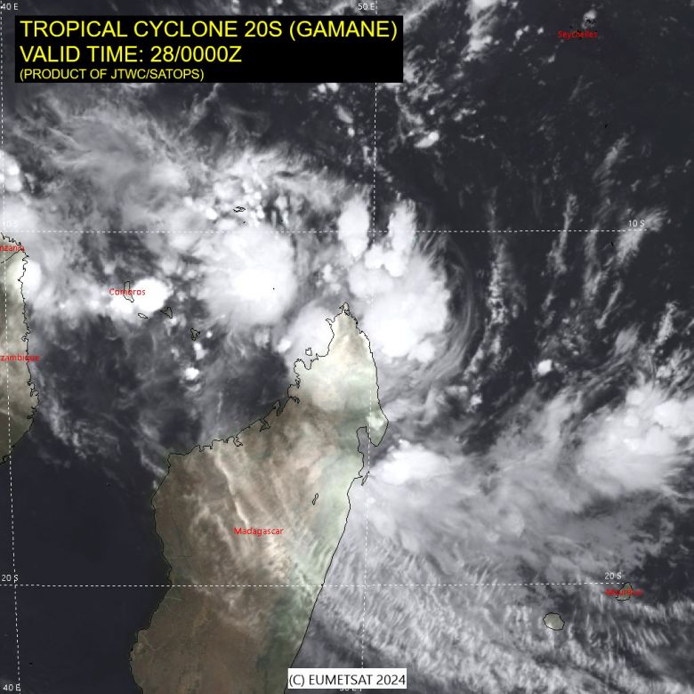 Imagem de satlite mostra as nuvens do ciclone Gamane cobrindo o norte da Madagscar no dia 28 de maro. Crdito: JTWC/SATOPS 