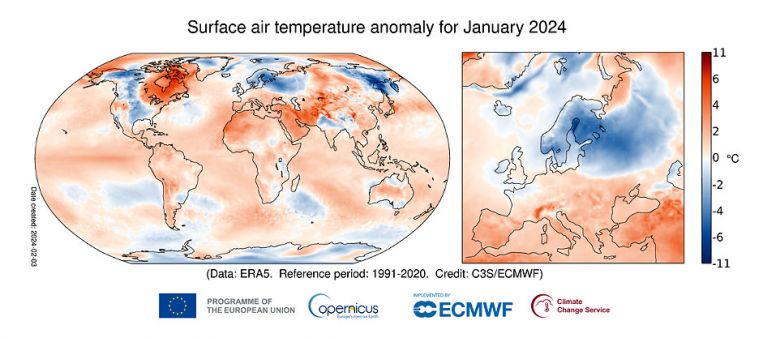 Anomalia de temperatura do ar em janeiro de 2023 comparada  mdia de janeiro no perodo 1991-2020. Destaque para a Europa. Crdito: Servio de Mudanas Climticas Copernicus/ECMWF.