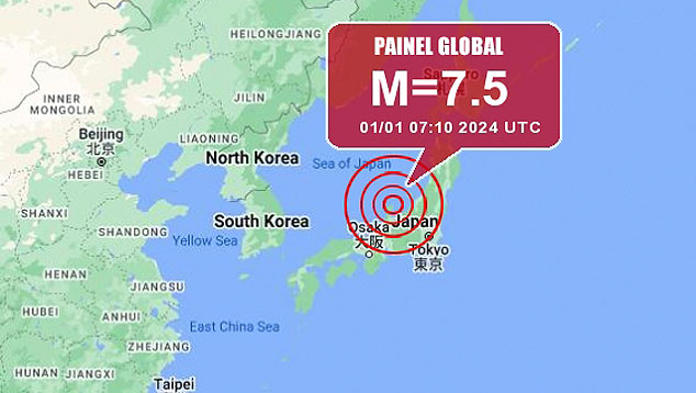 Mapa mostra a localizao do poderoso terremoto de magnitude 7.5, que atingiu a costa oeste do Japo neste dia primeiro de 2024.  