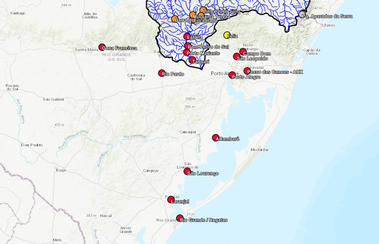 Mapa mostra reas da Bacia do Taquari e Porto Alegre em alerta dia 6 de maio. Crdito: Servio Geolgico do BR