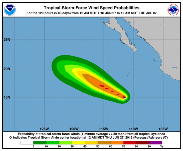 Probabilidade os ventos de Alvin nas prximas horas, segundo o NHC.