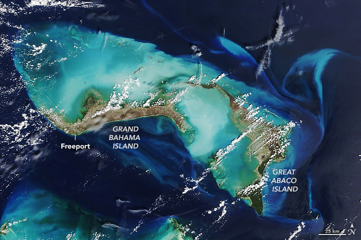 Imagem de sat�lite da regi�o das Bahamas, atingida pelo furac�o Dorian, feita no dia 7 de setembro. Cr�dito: Earth Observatory/Nasa.  
