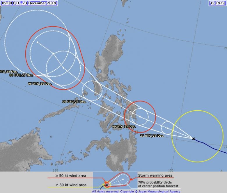 Trajet�ria da tormenta Phanfone nos pr�ximos dias. Toda parte central das Filipinas dever� sofrer com tempestades e ventos intensos durante o feriado de Natal. Cr�dito: AMJ. 