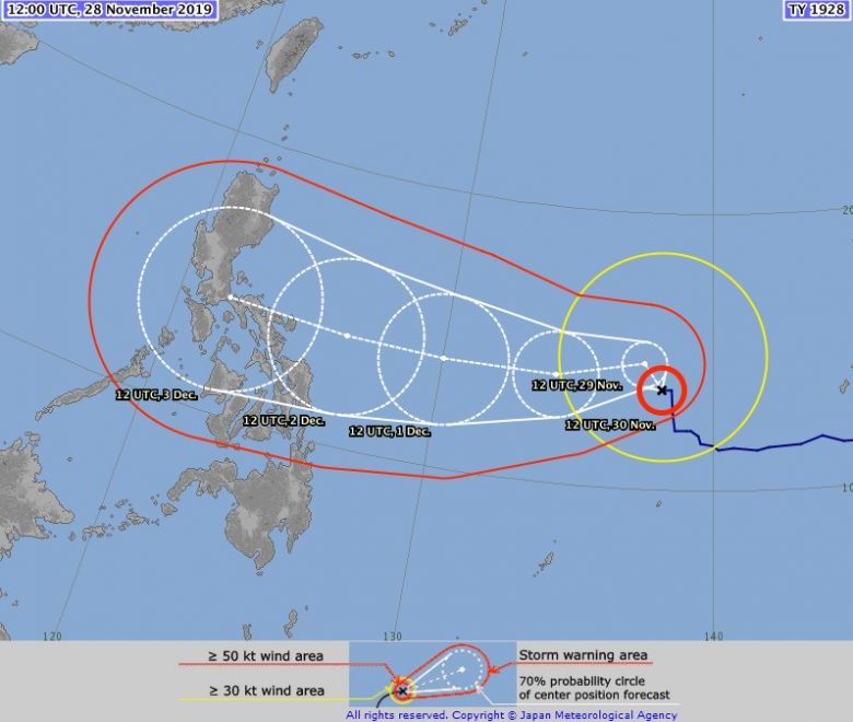 Trajeto estimado do tufão Kammuri nos próximos dias. Crédito: Agência Meteorológica do Japão (AMJ).