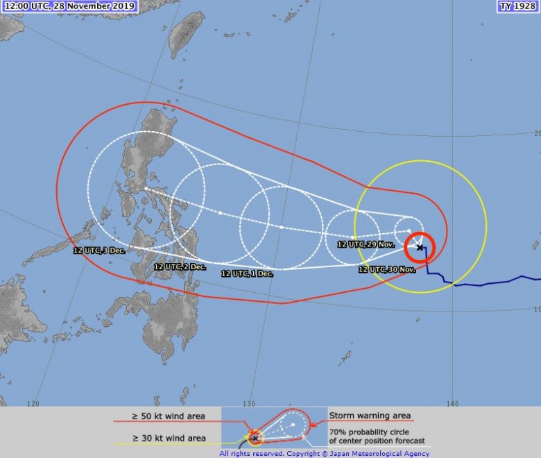 Trajeto estimado do tufo Kammuri nos prximos dias. Crdito: Agncia Meteorolgica do Japo (AMJ).