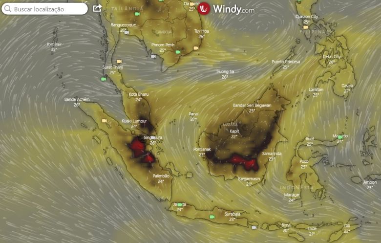 Concentração de Monóxido de Carbono sobre a Indonésia e países vizinhos nesta sexta-feira. Crédito: Windy. 