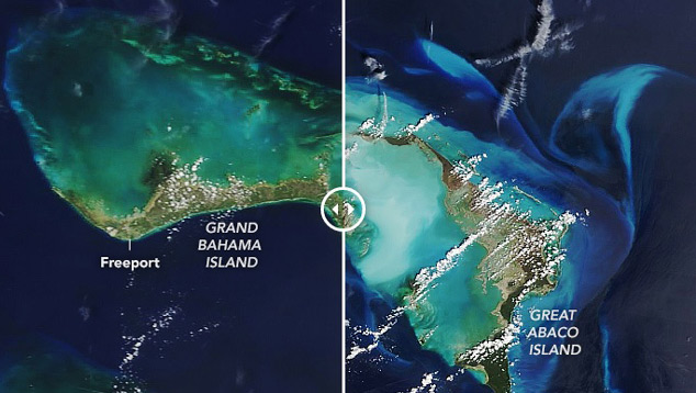 Nasa divulga imagens comparativas da Grand Bahama e Ilha Ábaco antes e depois da passagem do furacão Dorian. Crédito: Earth Observatory/Nasa.