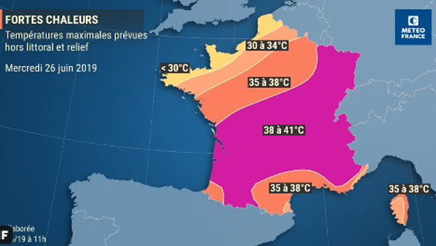 Temperaturas previstas pelo Serviço Meteorológico Meteo-France durante onda de calor que atinge a França esta semana. Divulgação Twitter @meteofrance.