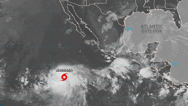 Imagem de satlite da tempestade tropical Brbara, que est a cerca de 1440 km da ponta sul da Baixa Califrnia. Crdito: NOAA / NHC