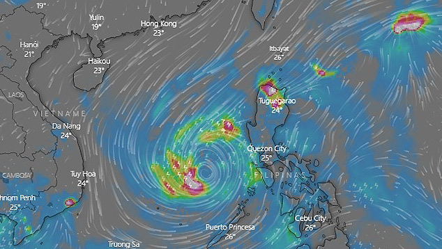 Animao mostra acumulado de chuva estimado sobre o mar da China, provocada pela atuao da tempestade tropical Nakri. Crdito: Windy. 