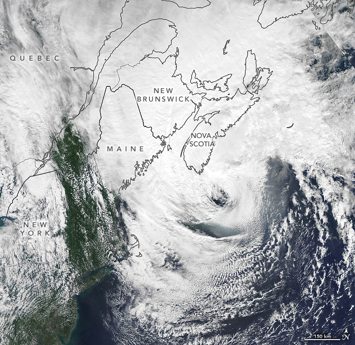 Imagem de sat�lite mostra o olho do furac�o Dorian pr�ximo ao sul da Nova Esc�cia, territ�rio canadense, no dia 7 de setembro. Imagem feita pelo sat�lite Aqua. Cr�dito: Earth Observatory/Nasa.