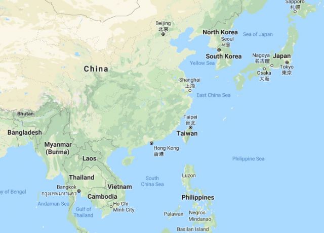 A tempestade tropical Danas deve encontrar em seu trajeto o leste da China, a Coréia do Sul e o Japão nos próximos dias, depois de passar pelo norte das Filipinas e Taiwan. Crédito da foto: Google Maps. 