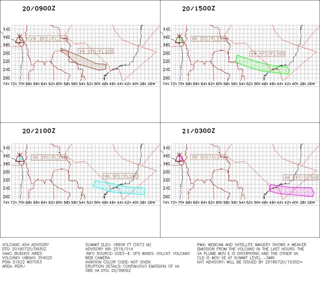 Previs�o de deslocamento da pluma sulf�rica do vulc�o Ubinas, segundo o Servi�o Meteorol�gico Nacional, da Argentina.