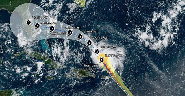 Previsão do deslocamento e da intensidade de Dorian nos próximos dias. Crédito: NOAA 