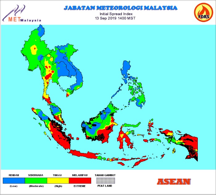 Propagação do fogo na região da Indonésia e países vizinhos nesta sexta-feira dia 13. Crédito: Centro Meteorológico Especializado ASEAN