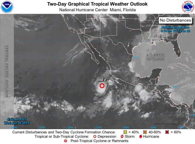 Depressão tropical ONE-E pode virar tempestade tropical ainda nesta quarta-feira, dia 26, segundo projeções do NHC.