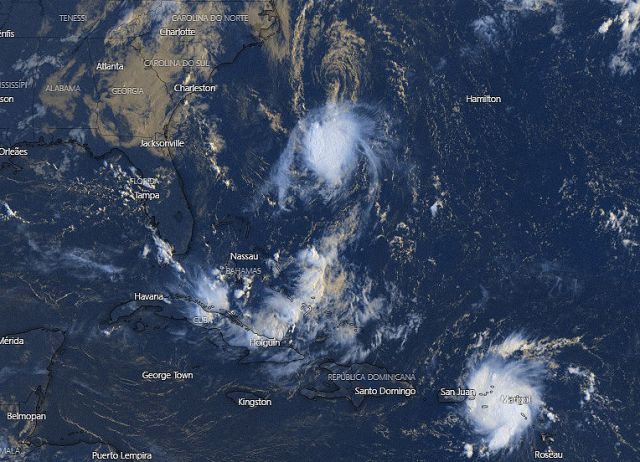 A imagem de sat�lite do EUMETSAT mostra a tempestade tropical Erin ao largo da Carolina do Norte, enquanto a tempestade tropical Dorian est� no Caribe. Cr�dito: EUMETSAT/Windy. 