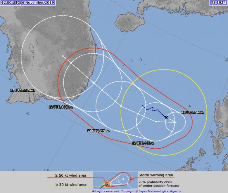 Trajeto da tempestade tropical Nakri nos próximos dias. Crédito: Agência Meteorológica do Japão (AJM).