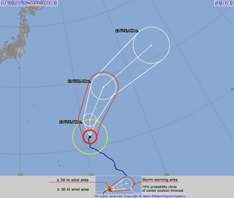 Trajeto do tufão Halong nos próximos dias. Crédito: Agência Meteorológica do Japão (AJM). 