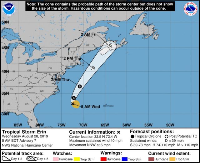 Trajet�ria da tempestade tropical Erin nos pr�ximos dias, segundo previs�es do NHC. Cr�dito: NHC.