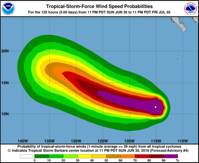 Projeção dos ventos da tempestade tropical Bárbara, que deve virar furacão categoria 1. Crédito: NHC.