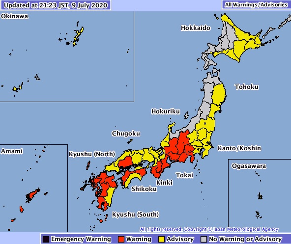 Alertas ativos no Japão nesta quinta-feira. Crédito: Agência Meteorológica do Japão (AMJ). 
