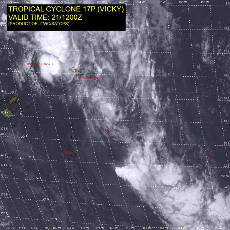 Imagem de satélite mostra as duas tempestades ciclônicas, Vicky e 18P atuando perto às ilhas do Pacífico Sul. Vicky poderá levar chuva para a Nova Zelândia. Crédito: JTWC/SATOPS.