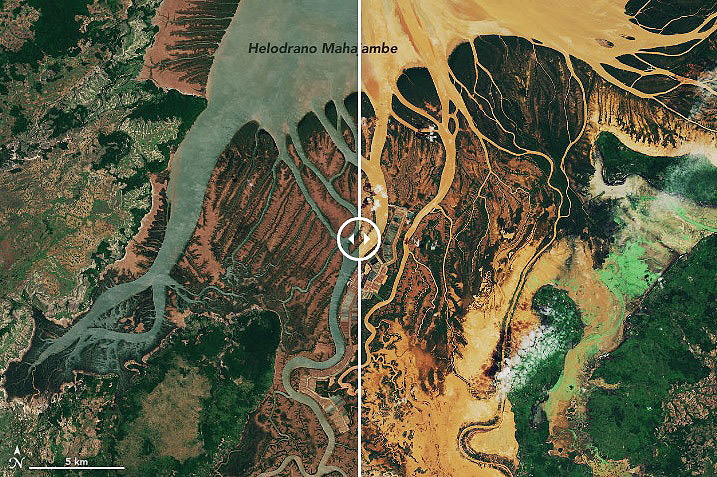 Imagem comparativa mostra a situao sobre o norte de Madagascar em janeiro de 2017 e janeiro de 2020. Crdito: NASA.