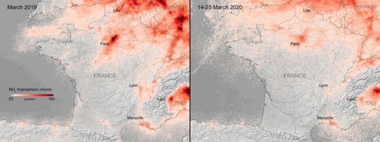 Dados adquiridos pelo sat�lite Copernicus Sentinel-5P mostram a concentra��o de di�xido de nitrog�nio (NO2) sobre a Fran�a em mar�o de 2019 e em mar�o de 2020. Cr�dito: ESA. 